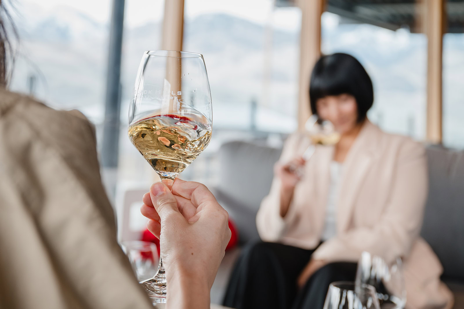 A person holds up a glass of white wine in the foreground, while another person in the background, seated on a couch, also enjoys a glass of wine. Both individuals are in a bright, modern setting with a scenic view visible through large windows.