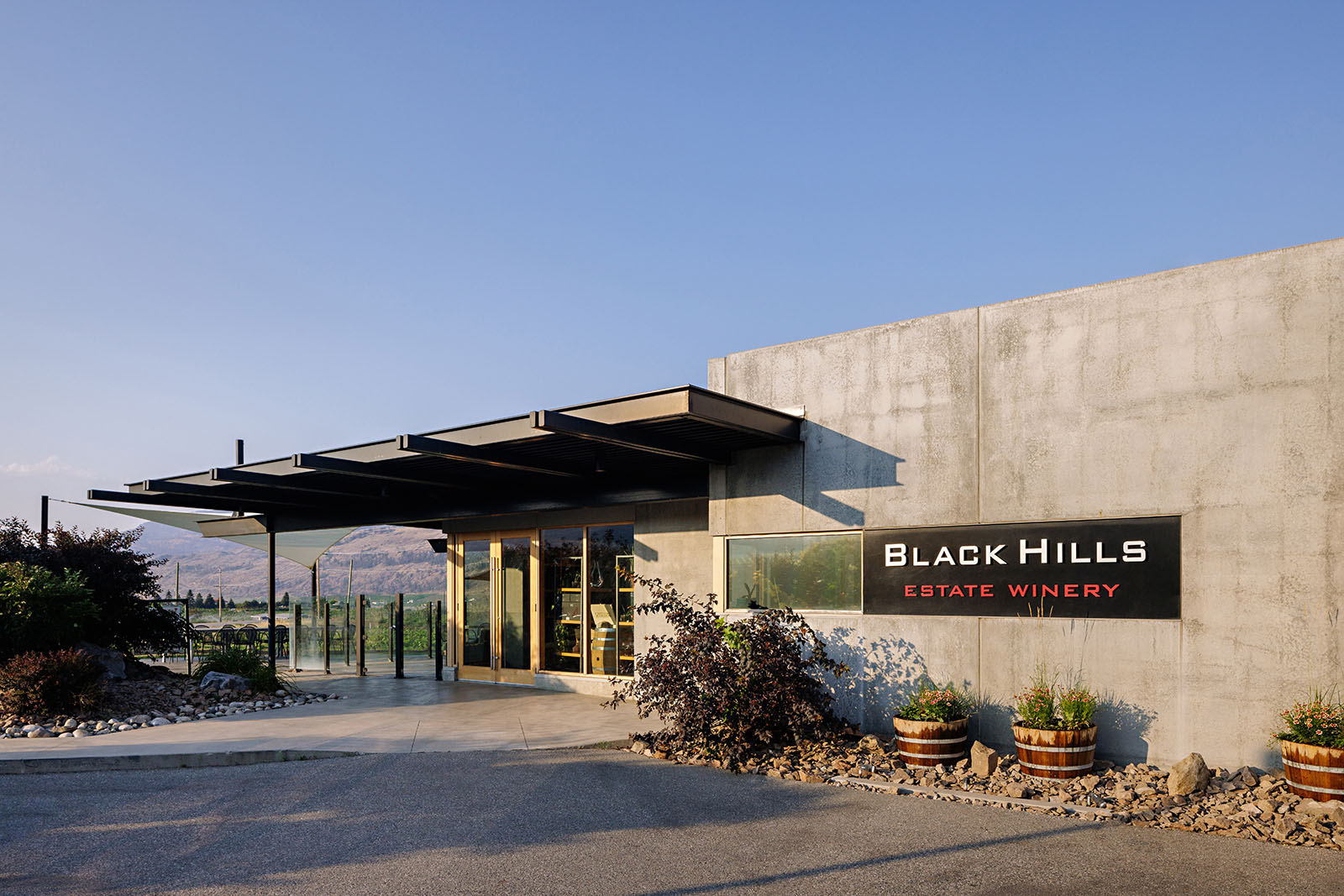 A modern building with a flat roof and concrete walls houses Black Hills Estate Winery. The entrance is glass-paneled, and the winery's sign is displayed prominently. Several decorative plants and wine barrels line the front, with a clear sky in the background.